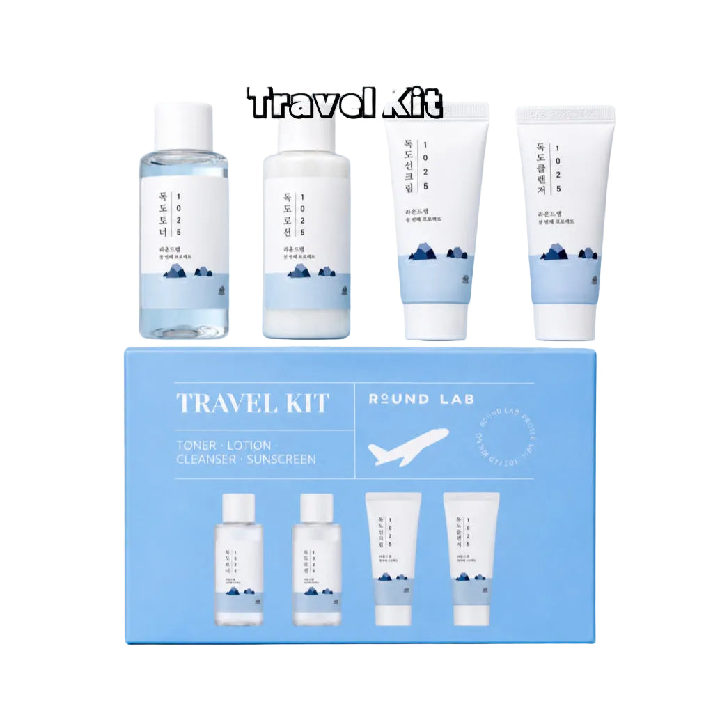 Round Lab 1025 Dokdo Travel Kit (Toner + Lotion + Sunscreen + Cleanser) + Free Pouch