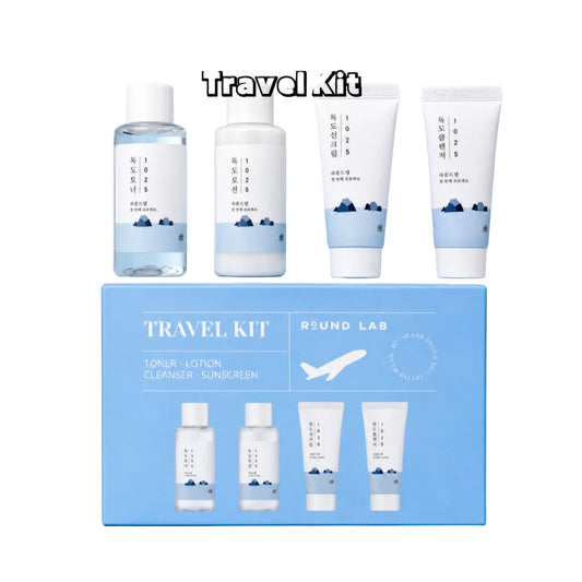 Round Lab 1025 Dokdo Travel Kit (Toner + Lotion + Sunscreen + Cleanser) + Free Pouch
